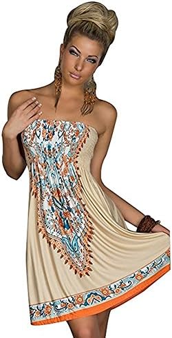 Inital Women's Strapleess Floral print Bohemian Beach Dress Cover-up Dress khaki,Large