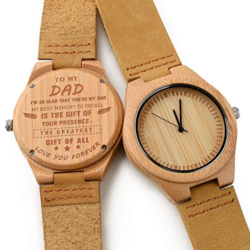 CUCOL Men's Bamboo Wooden Watch with Brown Cowhide Leather Strap Japanese Quartz Movement Casual Watches