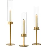 Hewory Gold Candle Holders, 3Pcs Brass Candle Stick Candelabra with Glass Candle Cover for Wedding Table Centerpiece Christmas Decor