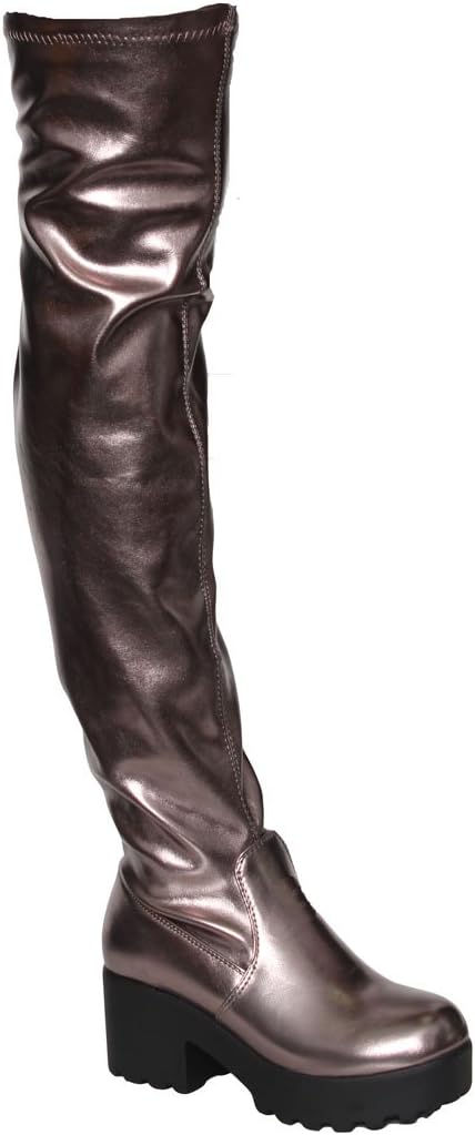 BESTON EJ57 Women's Lug Sole Platform Heeled Stretchy Over The Knee High Boots