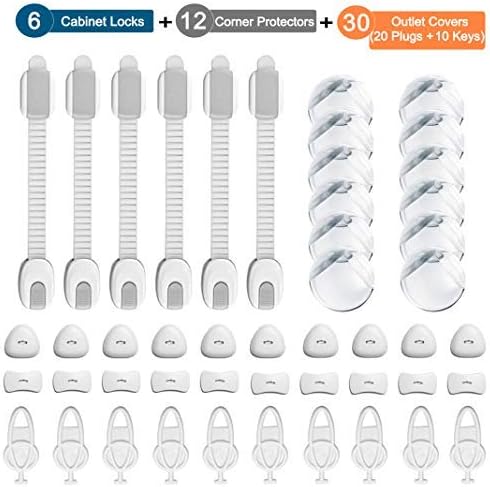 Dioxide 48pcs Baby Protection kit, 6 x Child Safety Cabinet Lock 12 x Clear Corner Protectors, Outlet Plug Covers Electric Protector Caps Kit for Child Safety (20 Plugs + 10 Keys)