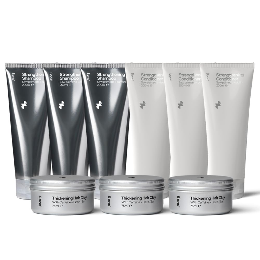 Sons Hair Strengthening Treatment Plan. Hair Growth Shampoo & Conditioner Plus Hair Styling Clay. DHT-Blocker, Hair Thickening and Anti-Dandruff with Caffeine. 3 Month Supply. Made in Europe.