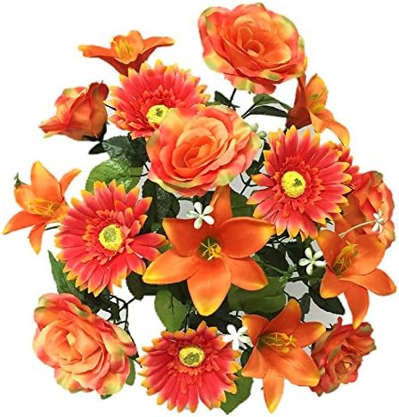 Silk Flower Garden Roses Lilies Daisies Mixed Bouquet 18 Heads 21", Orange
