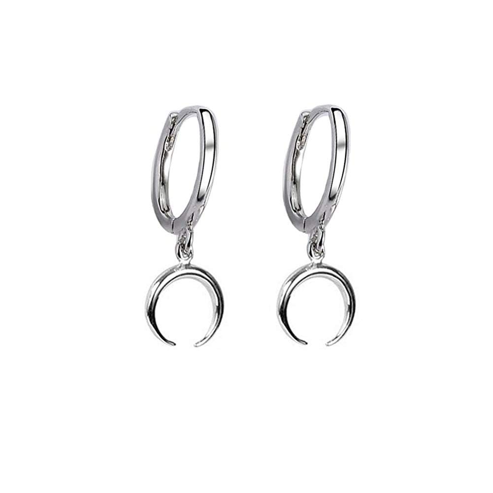 Tiny Moon Dangle Hoop Earrings for Women Girls Teens S925 Sterling Silver Charms Hoops Crescent Half Moon Horn Drop Tiny Cuff Cartilage Helix Minimalist Polished Earrings Fashion Jewelry