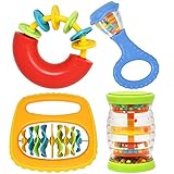 4 Piece Baby Instruments Band Set Musical Toys for Infant Babies Toddler Kids Includes Mini Rainbow Shaker, Baby Maracas Rattle, Baby Clip Clap and Musical Ring Safe from Ages 3 Months and Up
