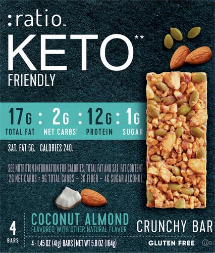 :RATIO KETO FRIENDLY CRUNCHY BARS, COCONUT ALMOND, GLUTEN FREE SNACK, 4 CT