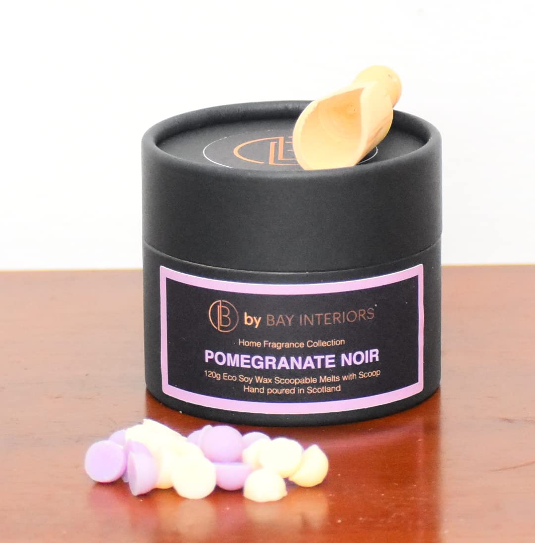 by Bay Interiors Eco Soy Scoopable Wax Melts Highly Scented Vegan No Plastic 120g (Pomegranate Noir) with Natural Wooden Scoop 15% Fragrance Oil Gifting Idea
