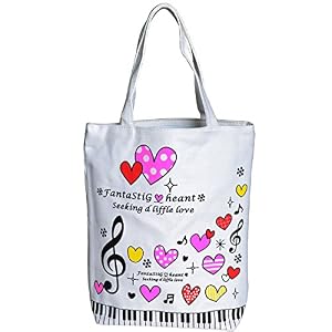 Image of PUNK Music High Note Treble Clef Pattern Canvas Handbag Shopper Grocery Bags Kids Students Reusable Tote Carrying Books Snacks Food Lunch Dinner Box 40.5x36.5x9cm (White-Love)