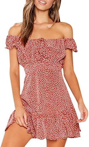 Sanyyanlsy Women's Polka Dot Ruffled Short Sleeve Bandage Bow Mini Dress Off-Shoulder Sheath Above-Knee Tube Dress