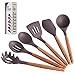 Mapthon Silicone Cooking Kitchen Utensils Set 6 PCS with Wooden Handle for Non-Sticker Cookware Heat-Resistant Kitchen Gadgets Serving Spoons, Slotted Turner, Spatula, Spaghetti Server(Grey)
