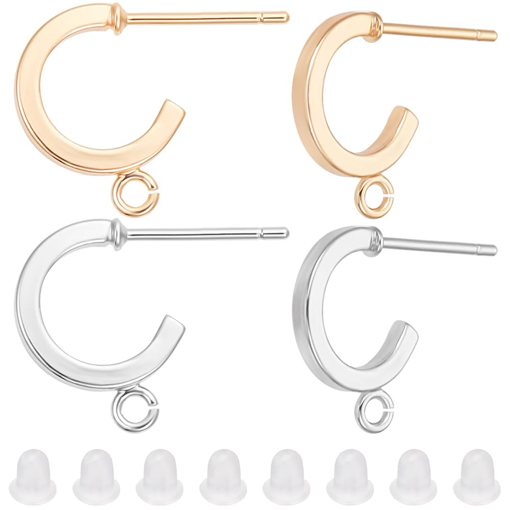 Beebeecraft 1 Box 20Pcs 2 Colors Half Hoop Earring Findings 18K Gold Plated Open Dangle C Shaped Stud Earrings with Loop 20Pcs Plastic Ear Nuts for Jewellery Making DIY Craft Gifts Accessories