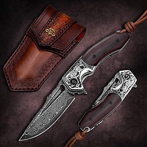 TURENZ Folding Tactical Knife with 3inch Handmade Damascus Steel Blade