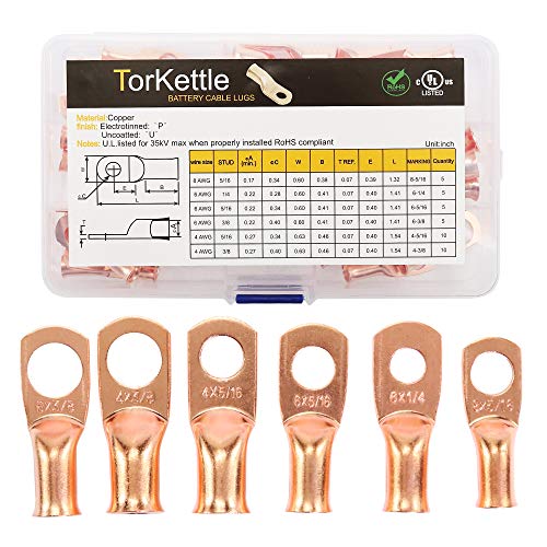 UL Listed Copper Wire Lugs,40pcs Battery Cable Terminal Closed Ends Eyelets Tubular Ring Connectors Assortment Kit-6 Sizes