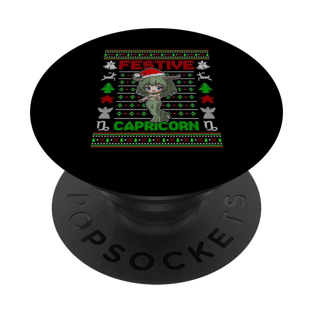 Festive Capricorn Horoscope Anime Girl Christmas PopSockets Swappable PopGrip
