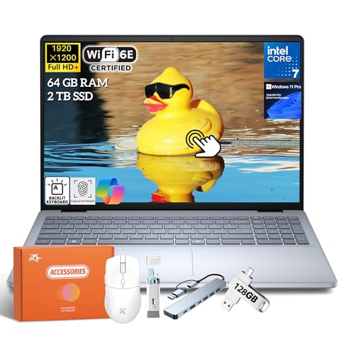 Dell Inspiron 16 Touchscreen Laptop, 16 Inch IPS Display, Intel 7 150U (Up to 5.4GHz), 64GB DDR5, 2TB SSD, Windows 11 Pro, Fingerprint Reader, Backlit Keyboard, FHD+ Cam, Wi-Fi 6E, Accessories