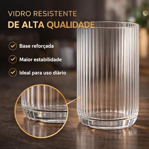 Kit 6 Copos de Vidro Canelado Transparente 430ml Design Moderno Elegante Ideal para Água Suco Drinks Whisky Refrigerante Mesa Posta Cozinha Bar Restaurante Jogo com 6 Copos Para Ambientes Elegantes