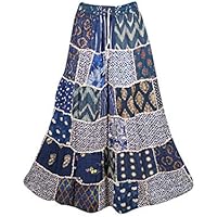 Mogul Interior Women Long Patchwork Skirts Blue Rayon A-Line Flare Maxi Skirt S/M