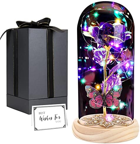 Dried & Preserved Flora - Mom Gifts for Mothers Day, Galaxy Rose Gifts for Women, Beauty and The Beast Rose, Rose in Glass Dome Light Up Eternal Rose for Birthday Christmas Wedding Anniversary(Purple)