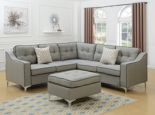 Modern Modular 4pcs L-shaped Sectional Sofa Bobkona Light Grey Tufted Polyfiber LAF & RAF One Arm Love-seat Corner Wedge Ottoman Living Room