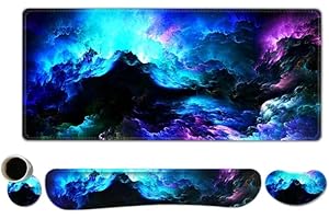 AIMSA Keyboard Mouse Pad Wrist Rest Set, Extended Desk Mat+ Ergonomic Mouse Pad with Wrist Rest+ Keyboard Wrist Rest Support+ Coaster, 35x15.7in Large Mouse Pad for Home Office, Nebula Galaxy