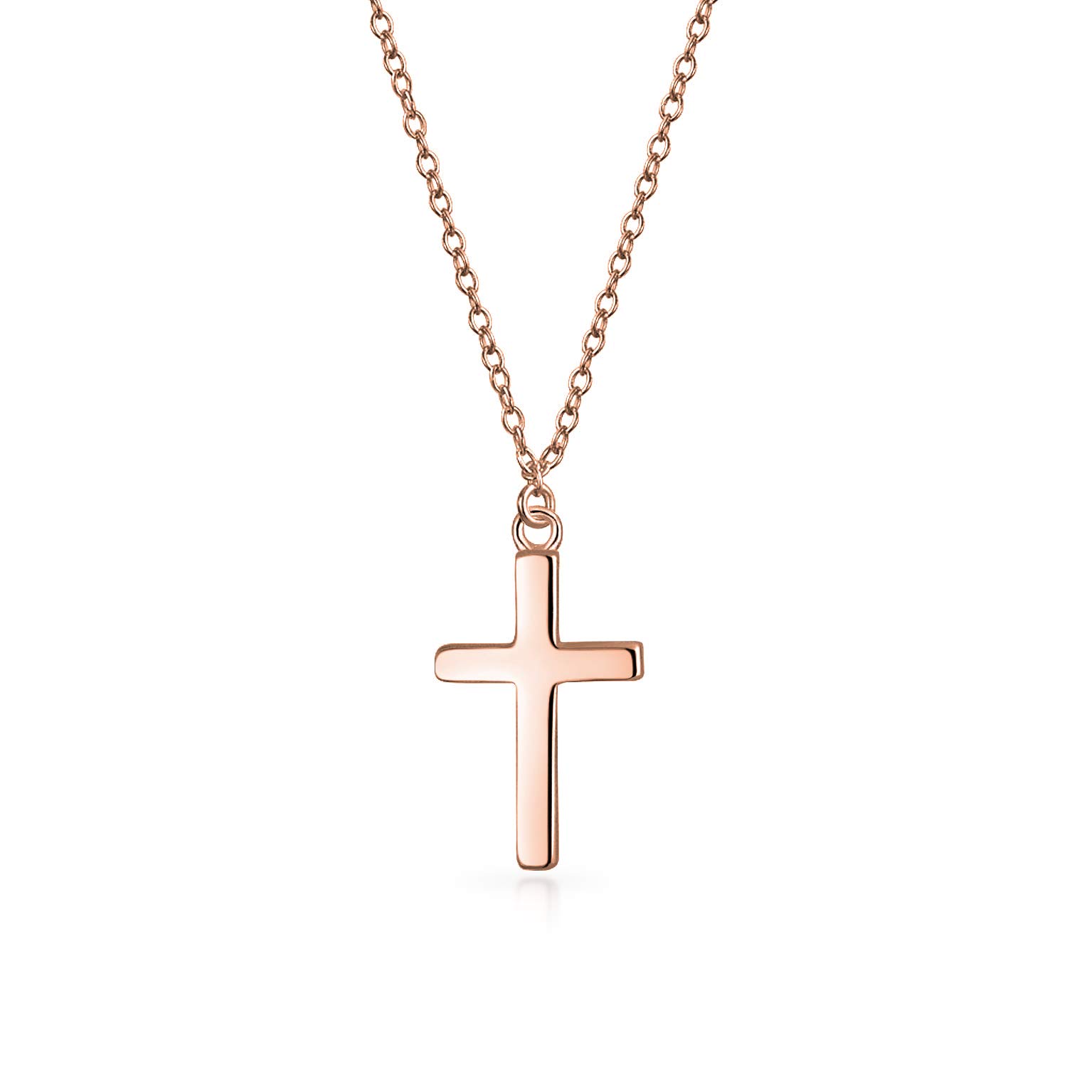 Bling Jewelry Delicate Small Flat Simple Religious Cross Pendant Necklace For Women Teens Polished Rose Gold Plated .925 Sterling Silver — image 1