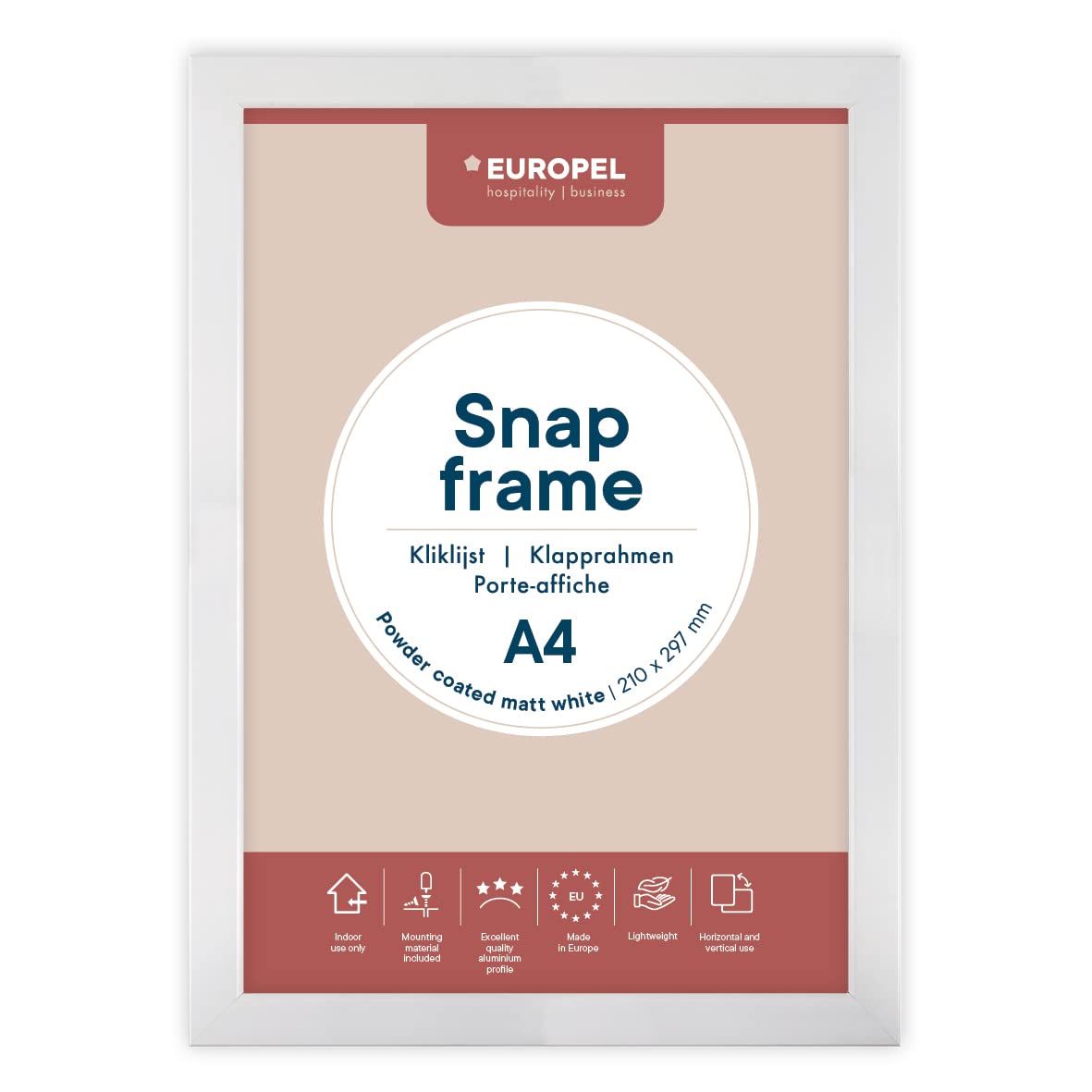 EUROPEL lightweight Snap frame A4, matt white powder-coated finish, Profile 25x11 mm, Anodized aluminum, anti-reflective protector, External dimensions 210x297 mm, Grey polystyrene back