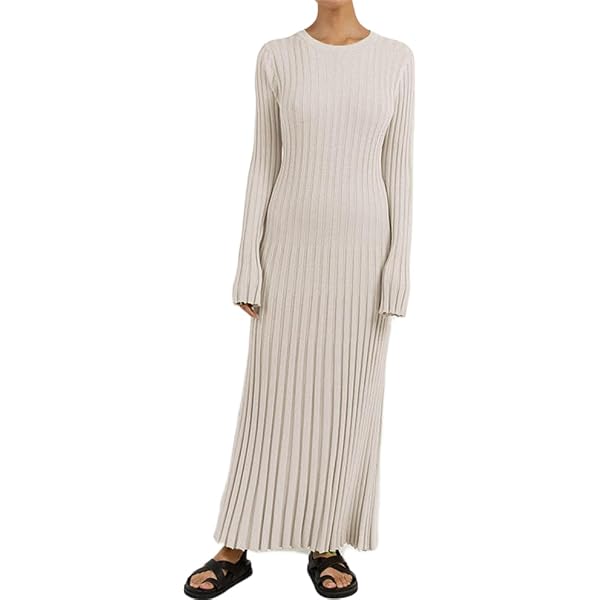 Long Sleeve Sweater Dress for Women Crewneck Maxi Sweater Dress Pure Color  Ribbed Knit midi Dress wrap Sweater Dress (Small,A-Apricot) at Amazon  Women's Clothing store