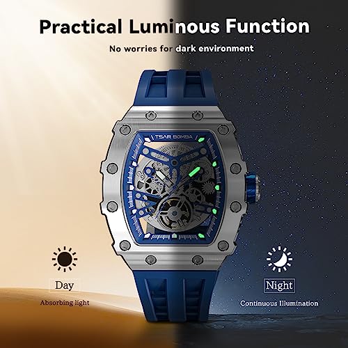 TSAR BOMBA Automatic Tonneau Carbon Fiber Bezel Luxury Mens Watches 50M Waterproof Skeleton Mechanical Stylish Watch for Men Simple Men’s Silver Wrist Watch Cool Unique Watch with Silicone Strap
