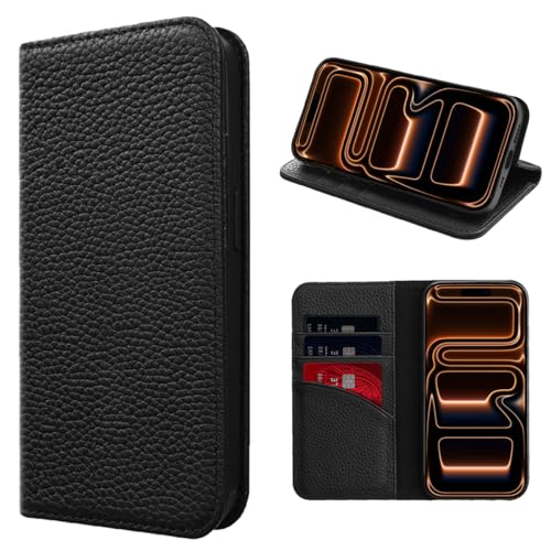 LANJLM iPhone 17 Pro Wallet Case Genuine Leather Antimagnetic Card Holder Flip Cover Shockproof iPhone 17 Pro Cases - Black