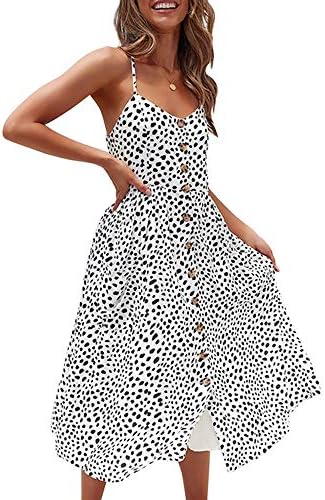 Umeko Womens Summer Button Down Dresses Spaghetti Strap Swing Sexy Beach Midi Dress with Pockets