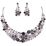 EVER FAITH Silver-Tone Austrian Crystal Hibiscus Flower Necklace Earrings Set Purple