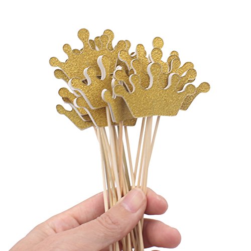 Zicome 50 Pack Double Sided Gold Glitter Crown Cupcake Toppers for Wedding Birthday Party Baby Shower (Crown) - Thumbnail 4