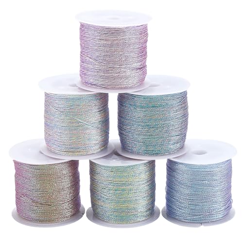 CABODYALS 6 Rolls 300M 0.4mm Metallic Cord Tinsel Rope Multicolor Christmas Embroidery Thread Polyester Glitter String Bulk for Jewelry Making Hand Sewing Crafts Bracelet Beading Necklaces Diy