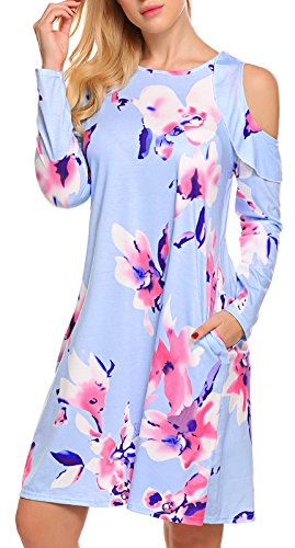 LuckyMore Women's Floral Print Cold Shoulder Casual Swing Tunic Dress With Pockets (S, Light Blue)