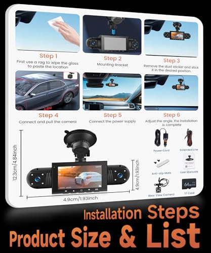 4 Channel Car Dashcam 360°, 4 HD 1080P Front and Rear Left Right Camera, 3 Inch 1080P Dash Cam with 8 IR Night Vision/Loop Video/24H Parking Monitor/G-Sensor