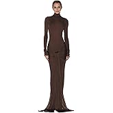 JUMISEE Women's Sexy High Neck Long Sleeve Maxi Dress Elegant Tie Waist Bodycon Long Dress Cocktail Party Dress