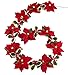 HOMESEASONS Christmas Decoration Garland,Pre-Lit Velvet Silk Poinsettia 6 Feet Garland with Red Berries and Holly Leaves, Christmas Garland (1 Pack, Red)