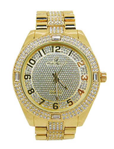 Bling-ed Out Rich and Famous Easy Reader Dial Hip Hop Mens Watch and Matching Bling Bling ID Style Designer Link Bracelet - 8546B Gold