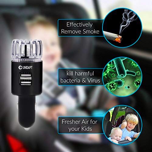 Car Air Freshener, Unidapt Car Air Purifier, USB Car Charger with Dual USB Charging Ports, Air Ionizer, Removes Cigarette Smoke, Dust, Bad Odors, Allergy Relief. (Black)
