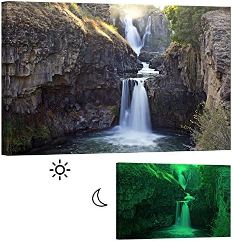 LightFairy Glow in the Dark Canvas Painting - Stretched and Framed Giclee Wall Art Print - Scenery Outdoor Waterfall In Forest - Master Bedroom Living Room Decor - 6 Hours Glow - 24 x 16 inch