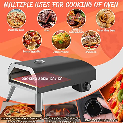 RESVIN 12 Gas Pizza Oven, Portable Pizza Oven Outdoor, Stainless Steel Gas Powered Pizza Oven with Built-in Thermometer, Pizza Peel, Wheel, Stone for Backyard Pizza Parties Mobile Outdoor Kitchen
