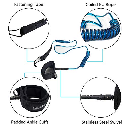Codinter Surfboard Leash, 12ft Coiled Paddle Board Leash Leg Rope for Safe Surfing SUP - Blue