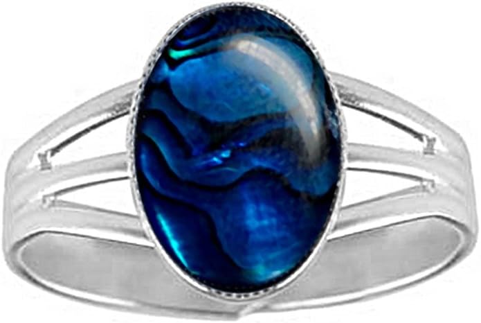 14x10mm Oval Blue Abalone Paua Shell Cabochon Silver Plated Adjustable/Expandable Ring