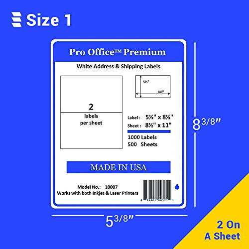 Pro Office Premium 200 Round Corner Blank Half Page Self Adhesive Shipping Labels for Laser Printers & Ink Jet Printers Made In USA White 5 3/8" X 8 3/8" 200 Pack