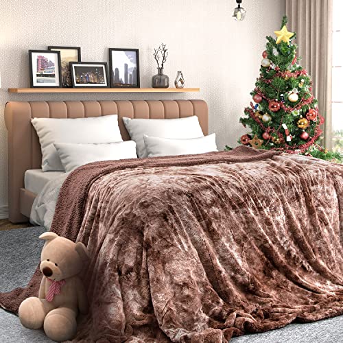 Lucian Faux Fur Throw Blanket Brown for Couch, Soft Fuzzy Plush Fluffy