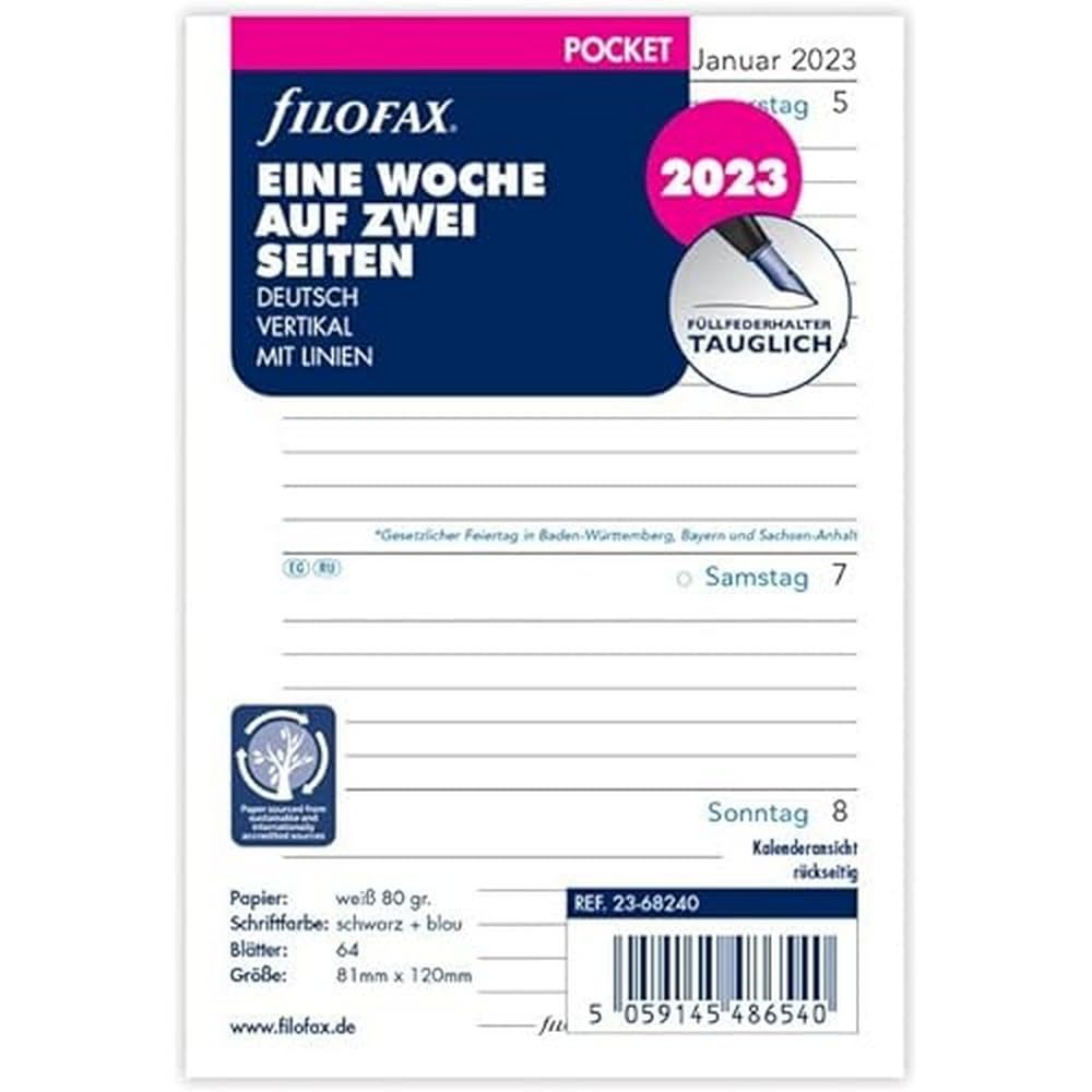 Filofax Pocket 1 Week on 2 Pages Vertical (German) 2023