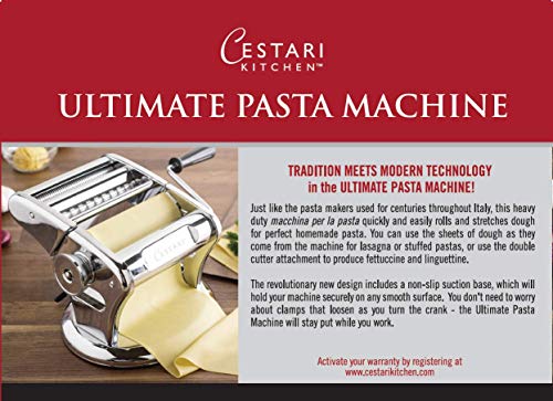 Ultimate Pasta Machine - Professional Pasta Maker - Unique Patented Suction Base for No-Slip Use of Stainless Steel Pasta Roller Machine - 150 mm - Noodle Maker and Dough Roller by Cestari Kitchen