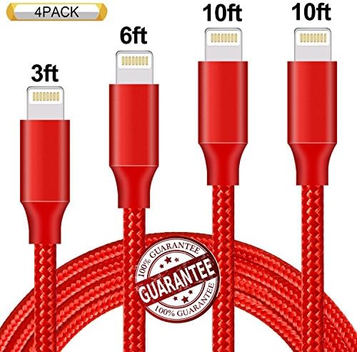 Zcen Lightning Cable 4Pack 3FT 6FT 10FT 10FT Nylon Braided Certified iPhone Cable USB Cord Charging Charger for Apple iPhone 8, X, 7, 7 Plus, 6, 6s, 6+, 5, 5c, 5s, SE, iPad, iPod Nano, Touch (Red)