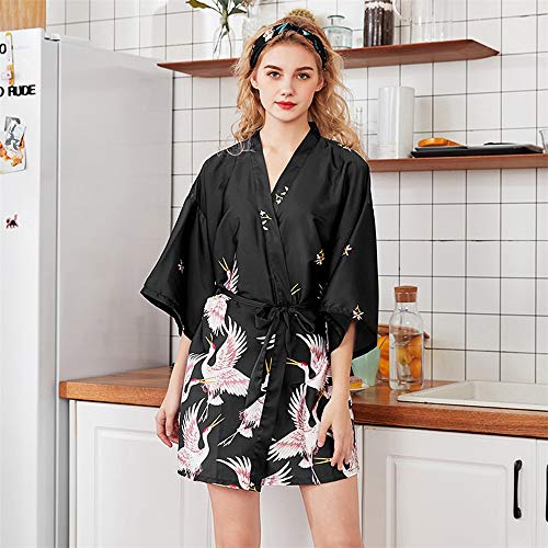 CofeeMO Birds Print Kimono Bathrobe 3/4 Sleeve Silk Satin Wrap Pajamas,Women's Fashion Sleepwear(Black,M) - Thumbnail 2