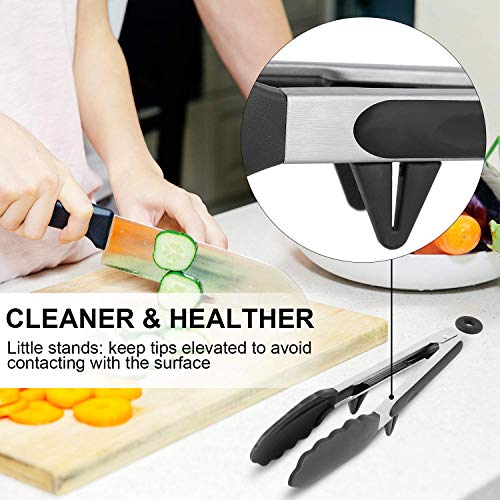 Kitchen Tongs with Silicone Tips for Cooking,Barbecue,BBQ Grill,Picking Bread,Salad.High Heat Resistant to 480°F(9 Inch, BLACK)